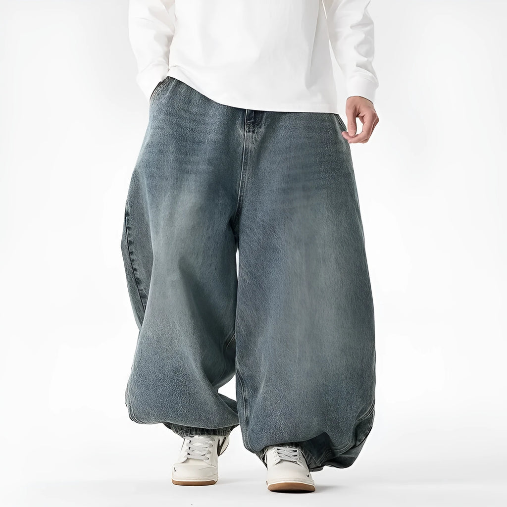 Men's plus size baggy jeans in light blue, dark blue, and black with wide leg straight cut design