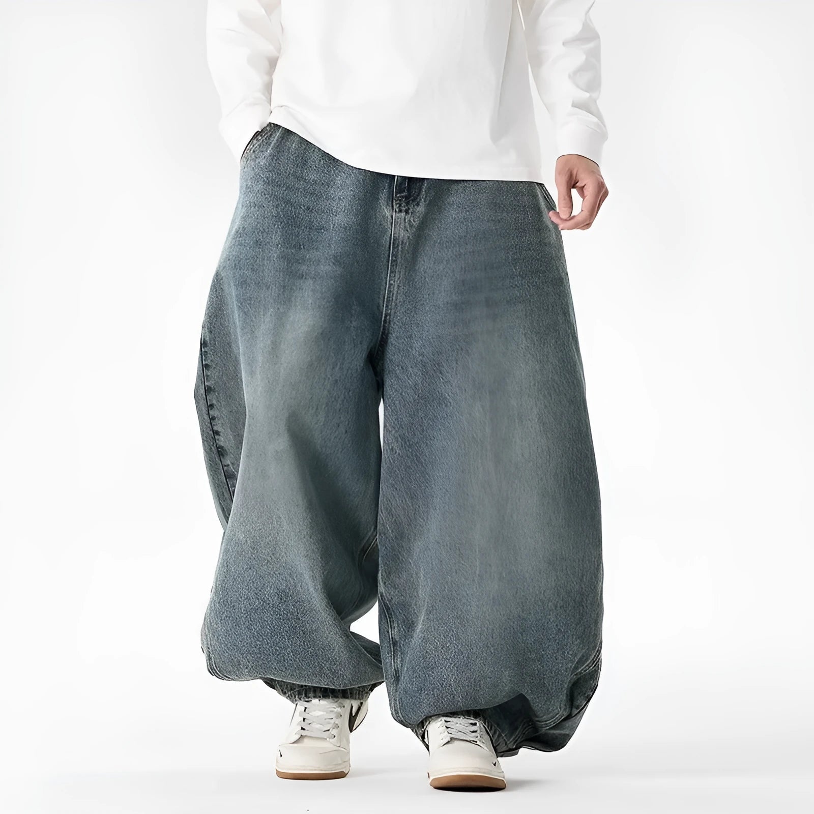Men's plus size baggy jeans in light blue, dark blue, and black with wide leg straight cut design
