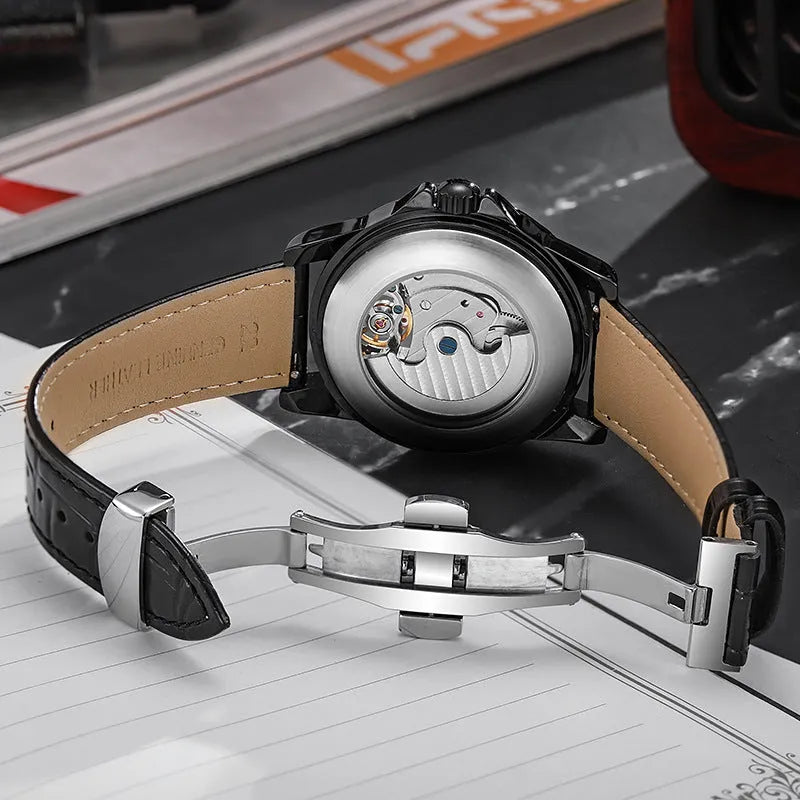 Men's waterproof automatic watch with luminous dial in business style, showing black and white case options with steel and leather straps