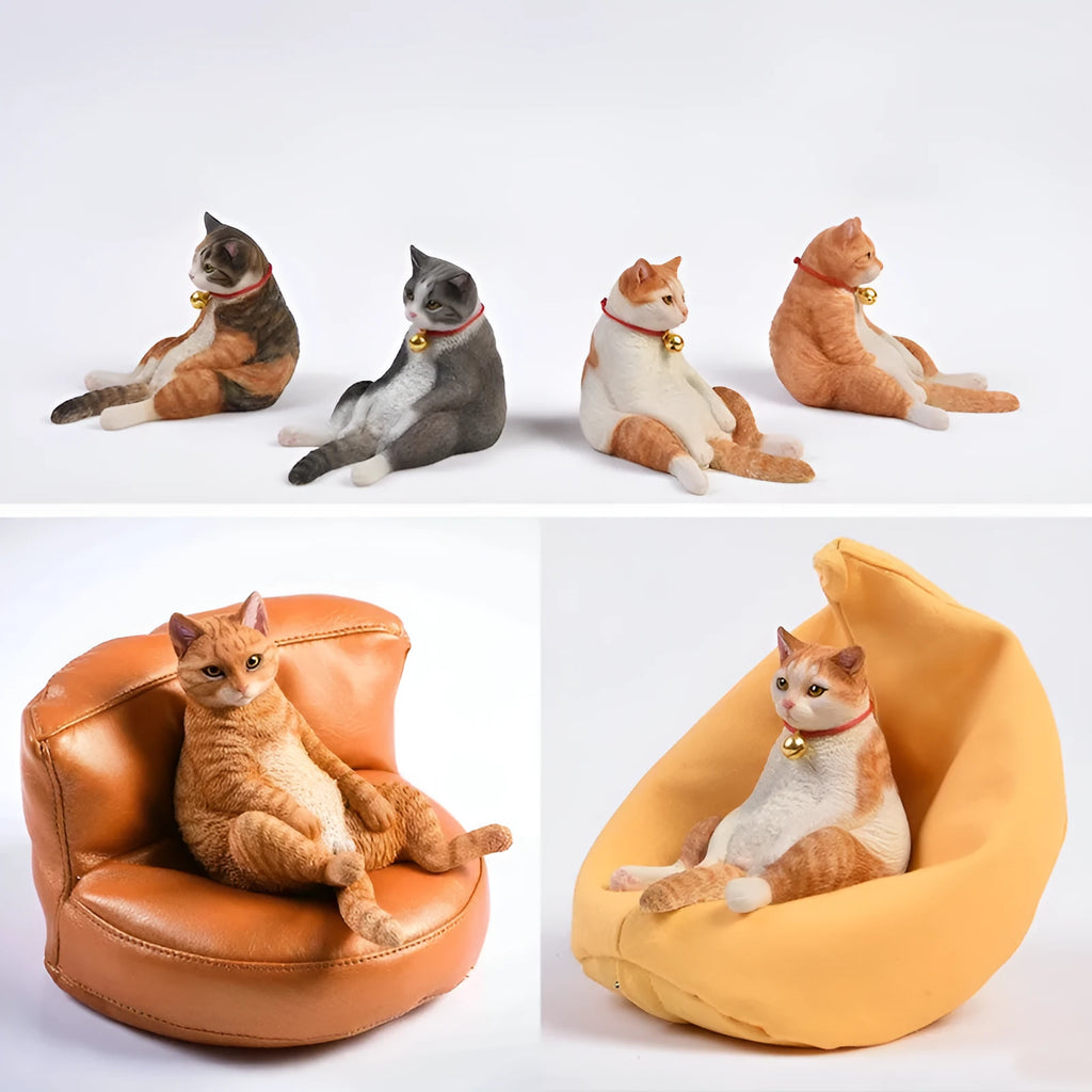 Lazy cat ornament with sofa on car dashboard, 7.5cm high resin model with fabric art details