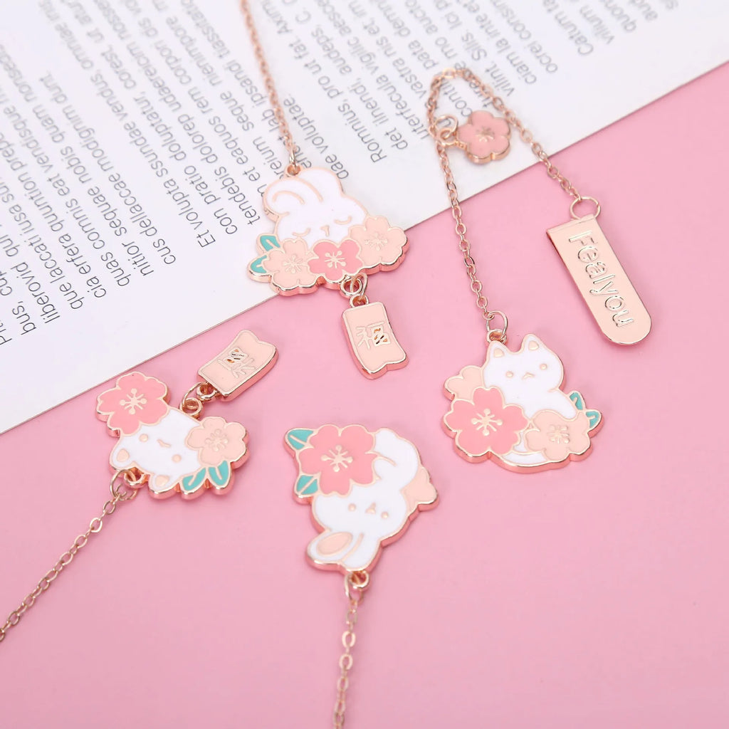 Metal pendant bookmark with cartoon cherry blossom cat and rabbit designs for books and journals