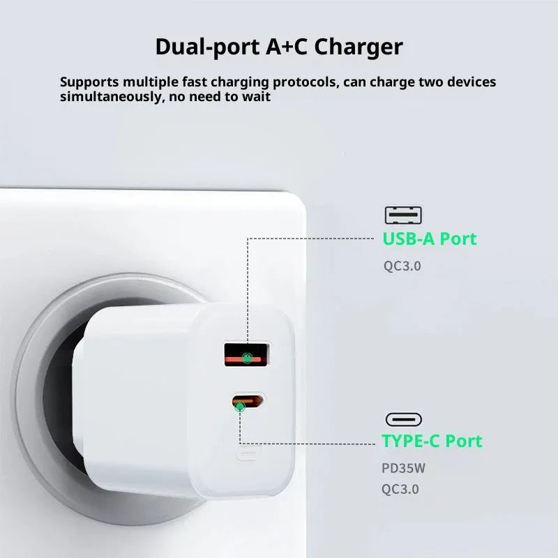 35W European standard multi-port charger with USB-A and Type-C ports, black colour, front view