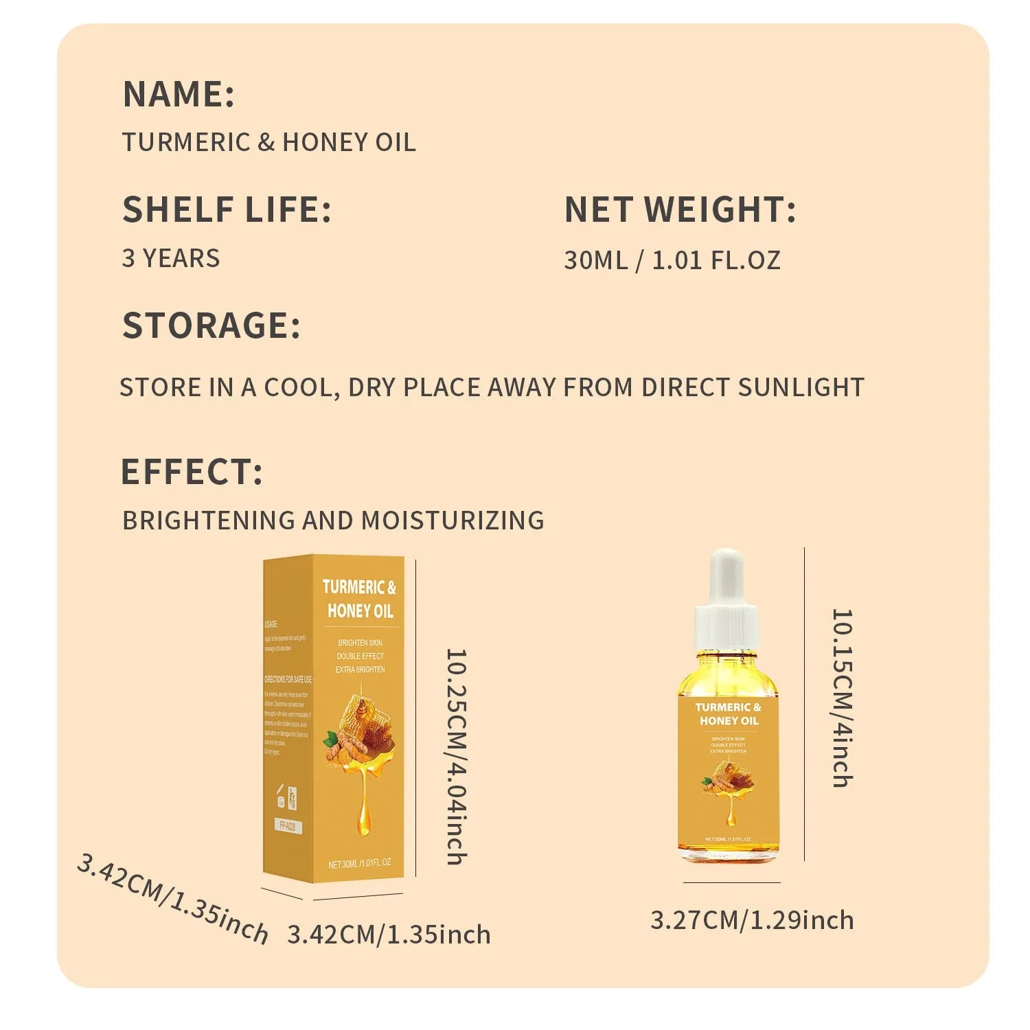 30ml turmeric honey essential oil bottle with neutral packaging for facial beauty use
