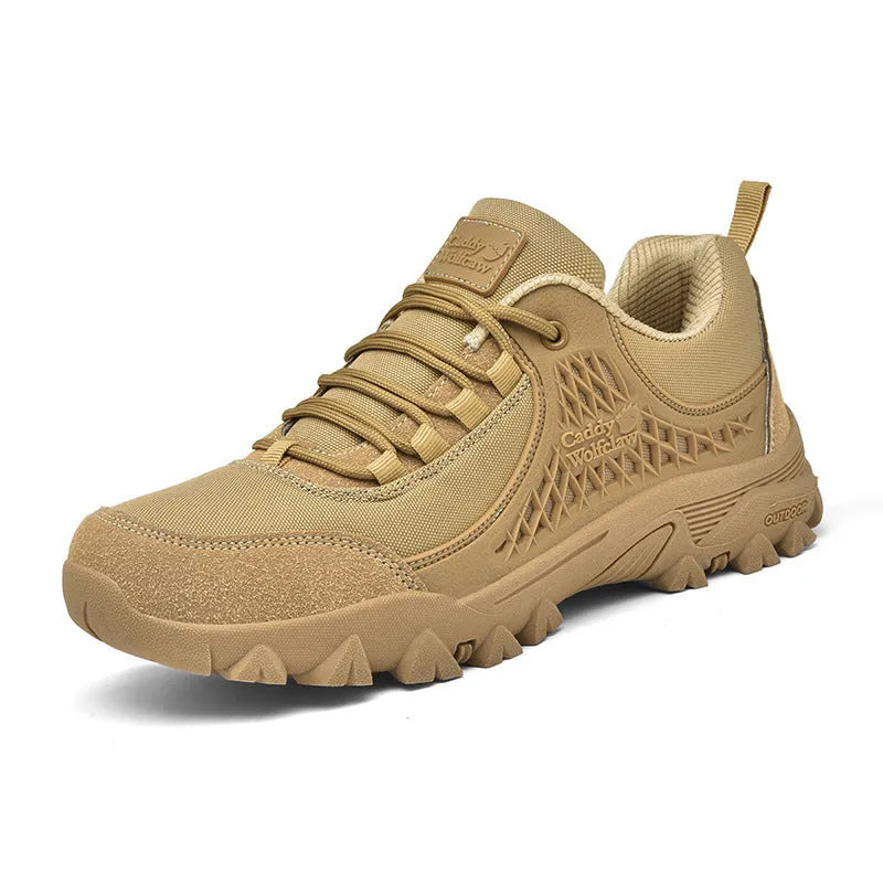 Men's khaki hiking shoes with non-slip platform sole and PU mesh upper, low-top lace-up design for outdoor mountaineering