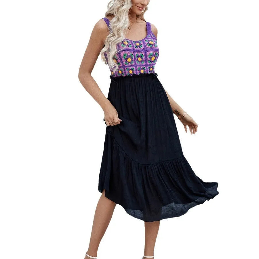 Purple sleeveless dress with white hand-hooked floral stitching pattern on the front