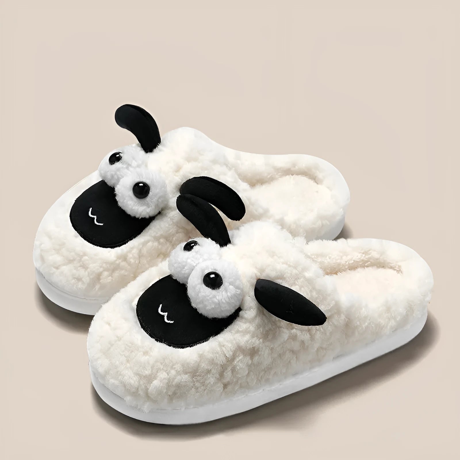 Brown thermal cotton suede slip-on slippers with sewn sole on wooden floor