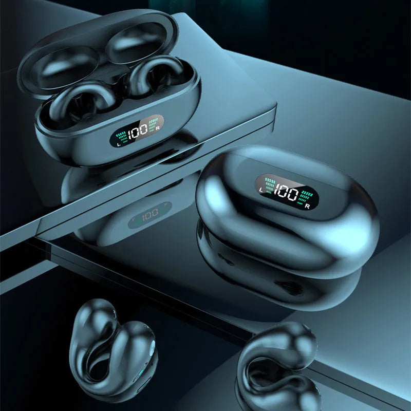 Bone conduction Bluetooth headset with ear clip design in black, white, or khaki colour options