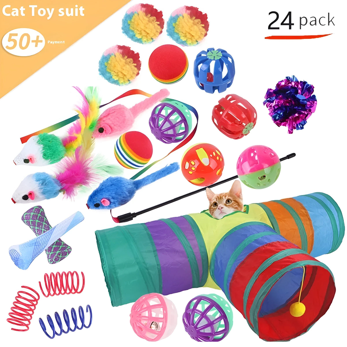 Plastic cat tunnel toy showing tubular channel design for feline play, with random colour accessories.