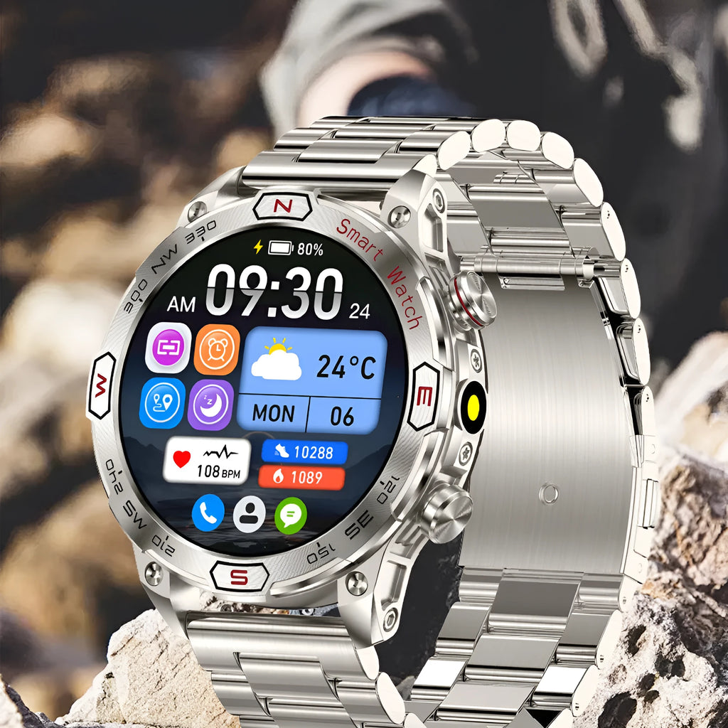 Smart watch with HD AMOLED screen showing heart rate data, black silicone strap, silver bezel