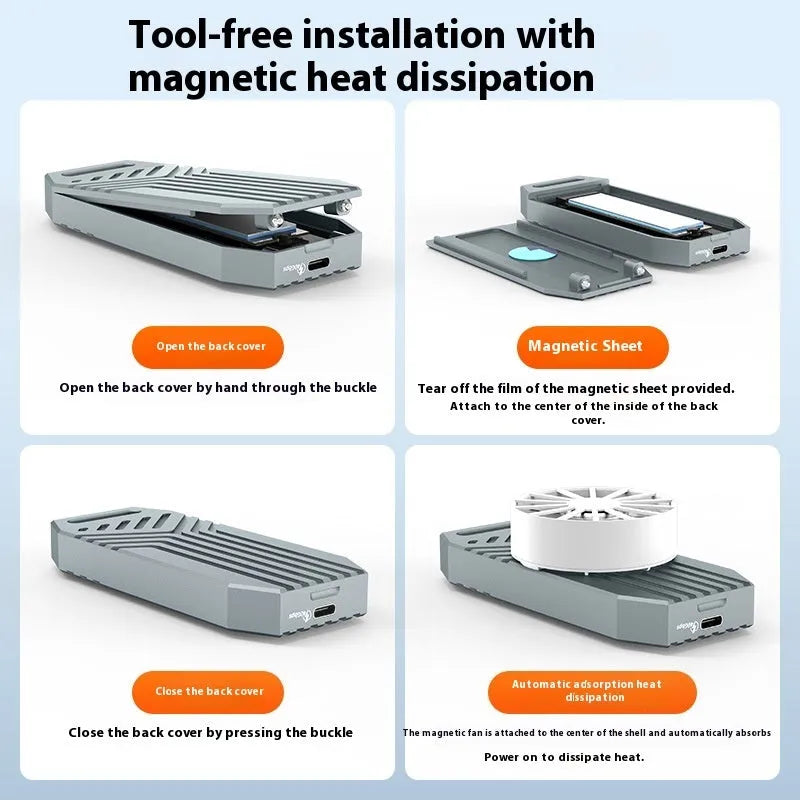 Thunderbolt 4 compatible aluminium M.2 NVMe SSD external enclosure in silver, grey, and grey with fan versions.