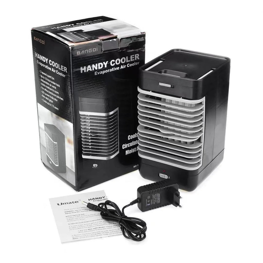 Black portable vertical USB evaporative air cooler measuring 16 by 13.5 by 28.5 cm on a desk