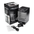 Black portable vertical USB evaporative air cooler measuring 16 by 13.5 by 28.5 cm on a desk