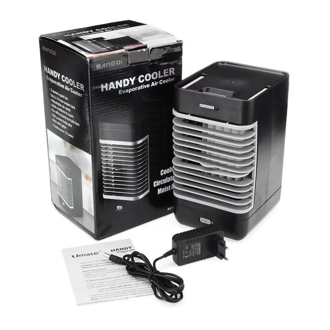 Black portable vertical USB evaporative air cooler measuring 16 by 13.5 by 28.5 cm on a desk