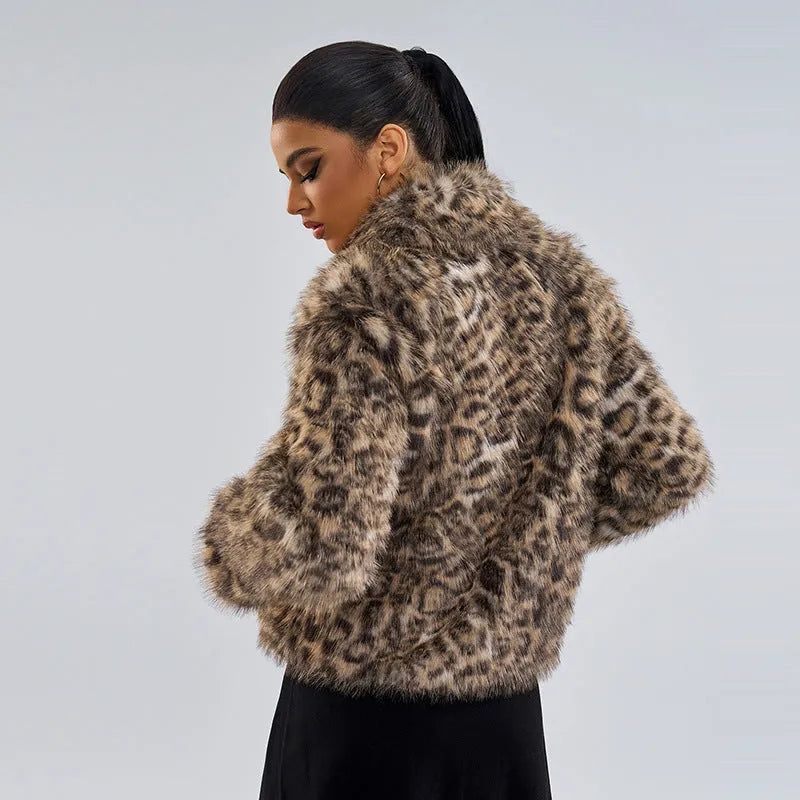 Women's leopard print coat with buckle lapel in polyester street fashion style