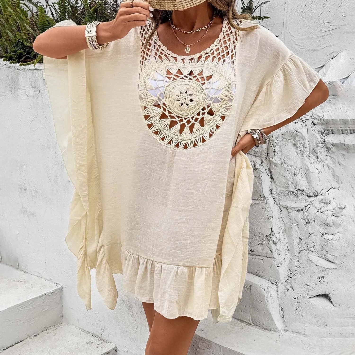 Beach crochet dress with stitching tassel detail on patchwork skirt in slubbed polyester fabric