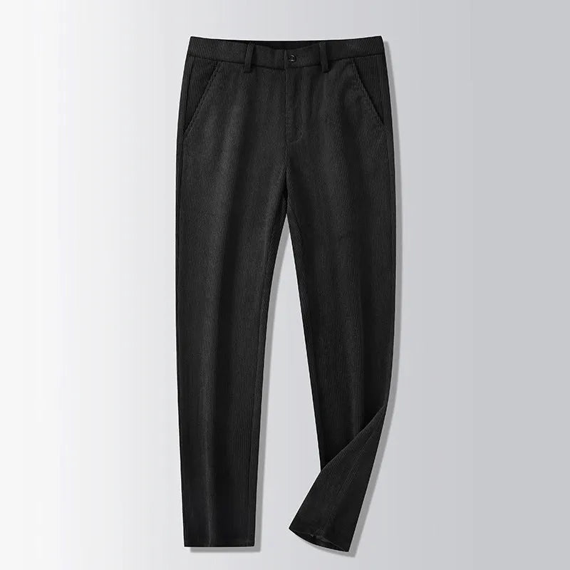 Retro-style men's straight-leg striped trousers in a chemical fibre blend fabric.