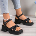 Women's black high heel slippers with thick platform sole and button closure