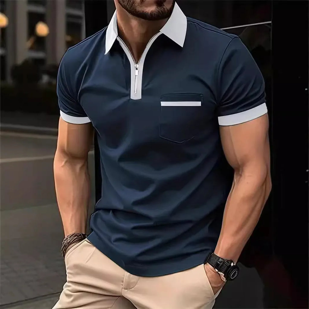 Men's loose fit short sleeve casual shirt with chest pocket and zip decoration detail.