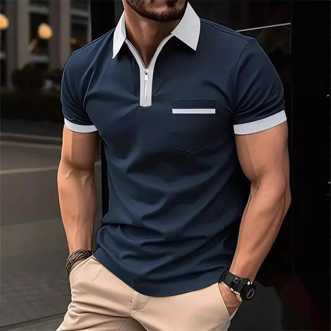 Men's loose fit short sleeve casual shirt with chest pocket and zip decoration detail.