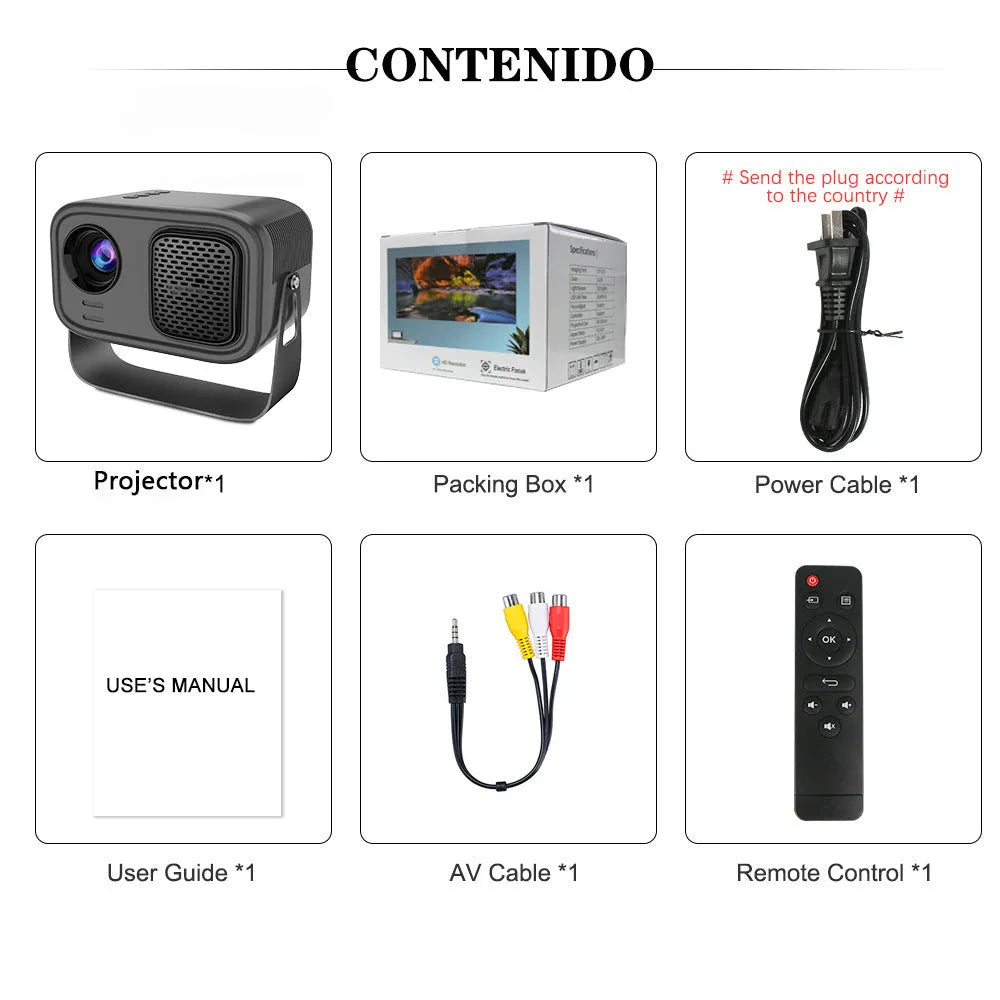 Black portable smart projector with remote control on table