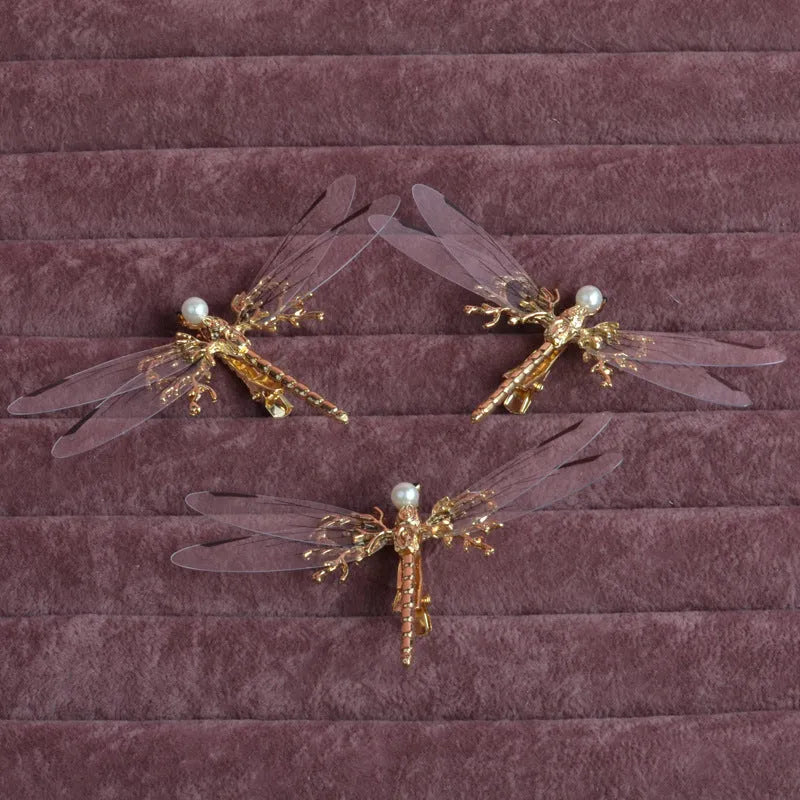 Golden dragonfly side clip headdress with electroplated alloy construction