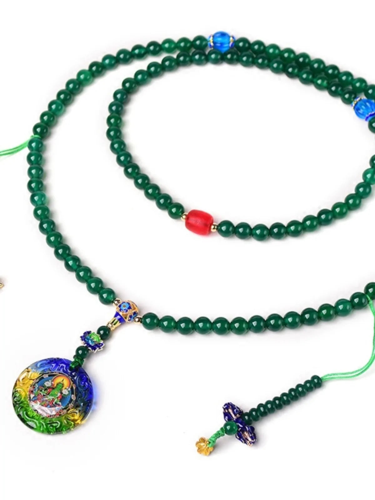 Natural green agate 108 bead bracelet in thangka style with certificate