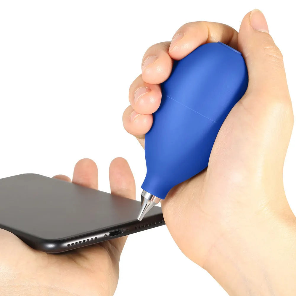 Blue rubber air blowing cleaning tool for camera lenses and mobile phones measuring 9.5 centimetres