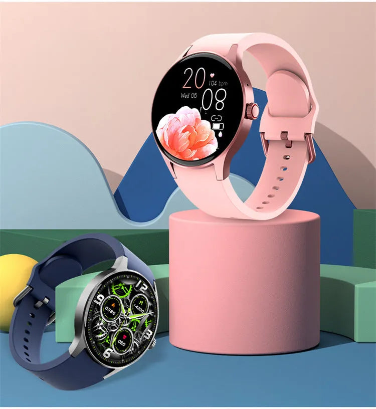 Black Bluetooth sport watch with round screen on wrist showing fitness metrics, IP68 waterproof rating for swimming.
