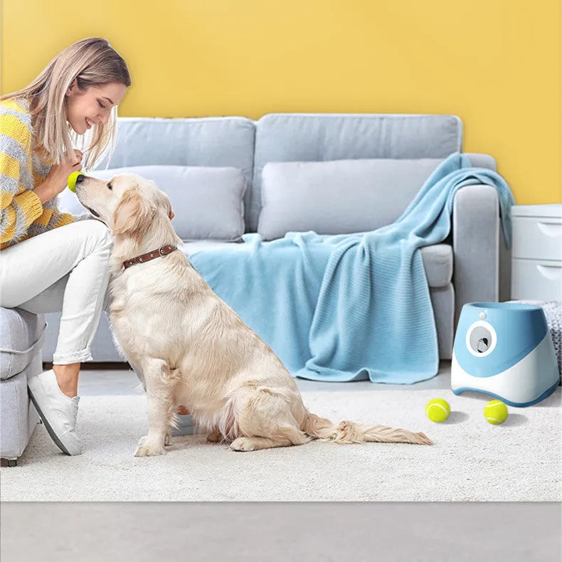 Automatic tennis ball launcher dog toy in blue ABS with Type-C charging and three tennis balls