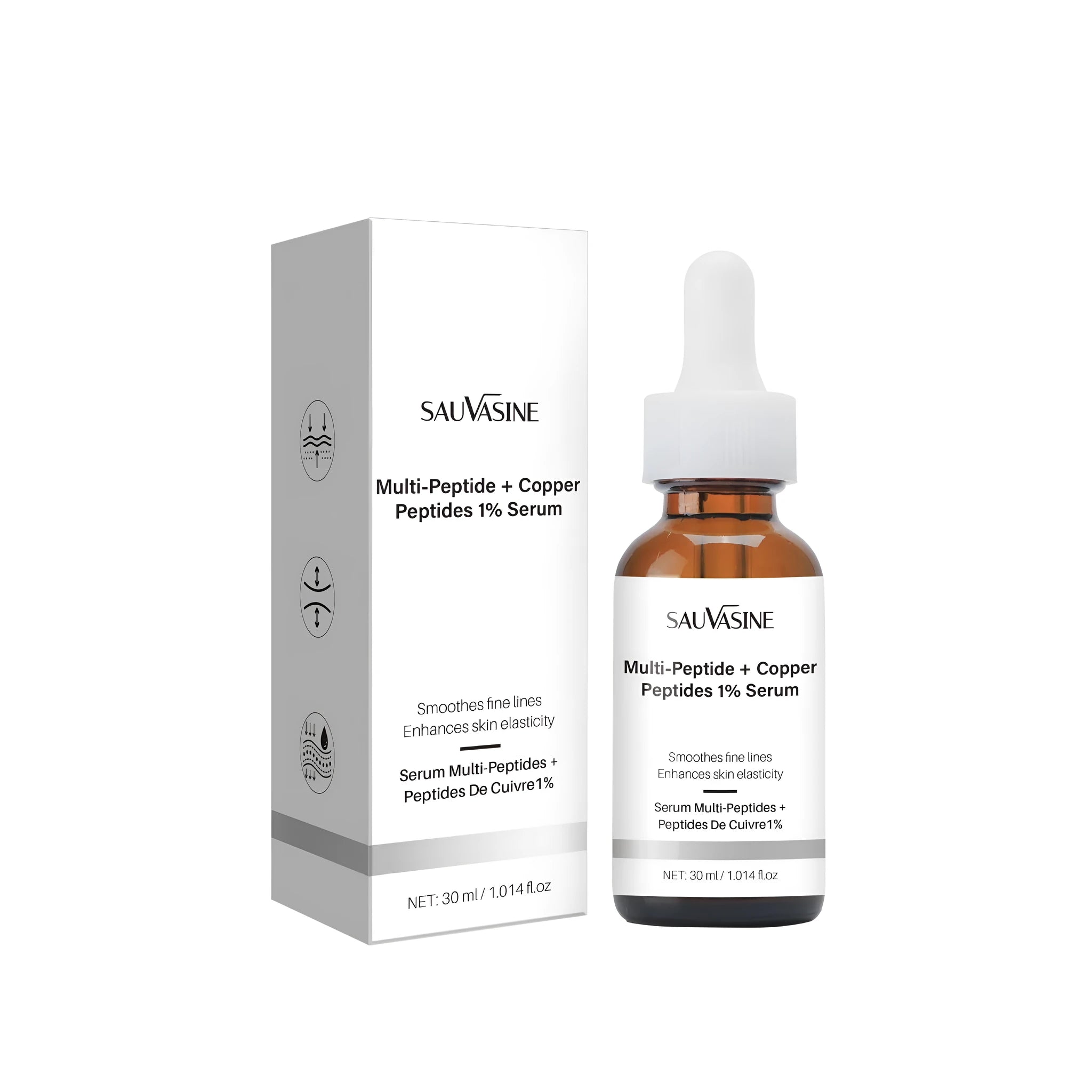 30ml moisturising care oil bottle for facial wrinkle care, 105mm tall with square base.