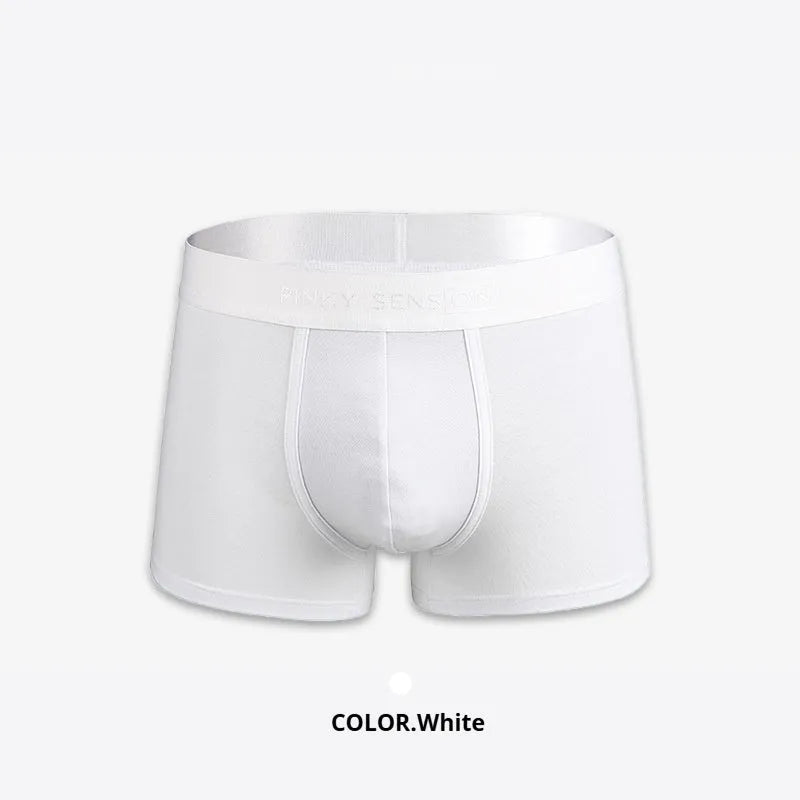 Men's solid colour cotton boxer shorts shown in black, white, silver grey, and light green.