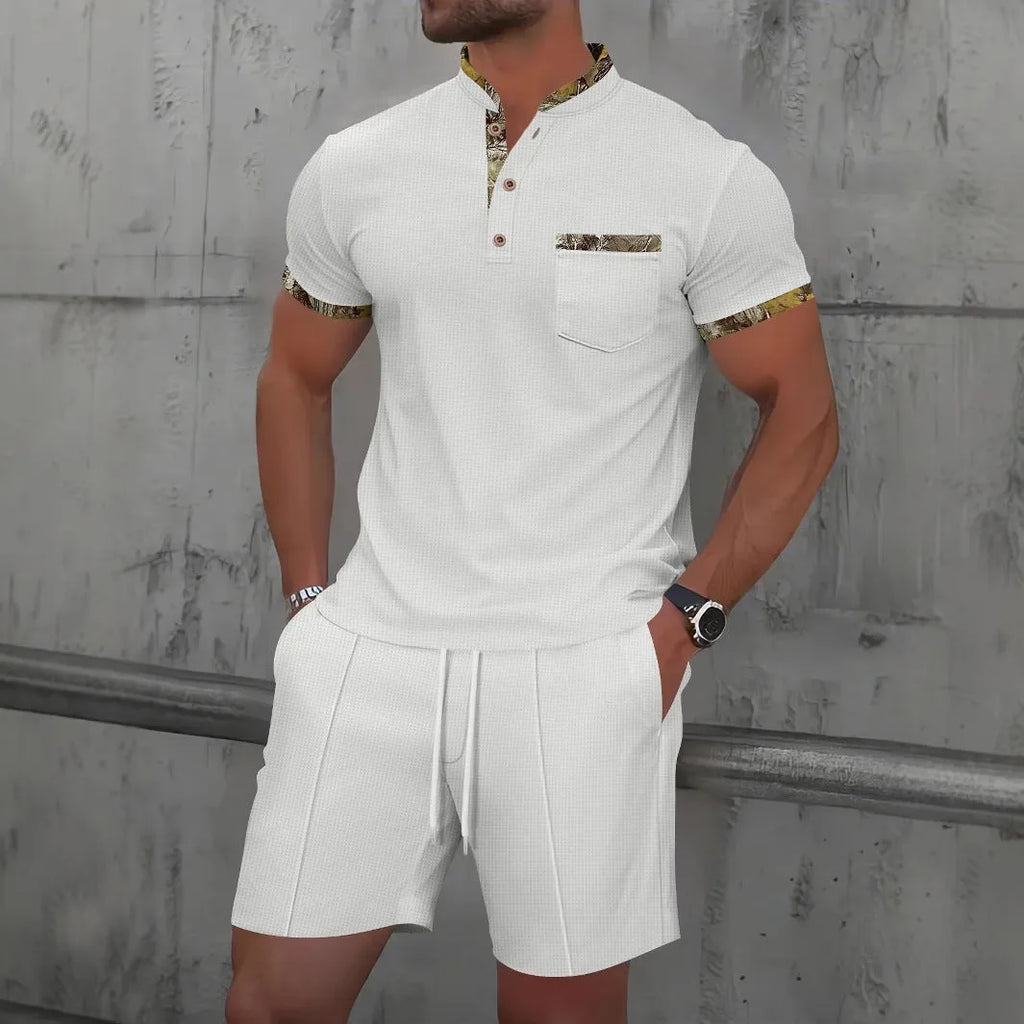 Men's grey waffle texture two-piece summer suit with zipper polo collar short sleeve top and matching shorts