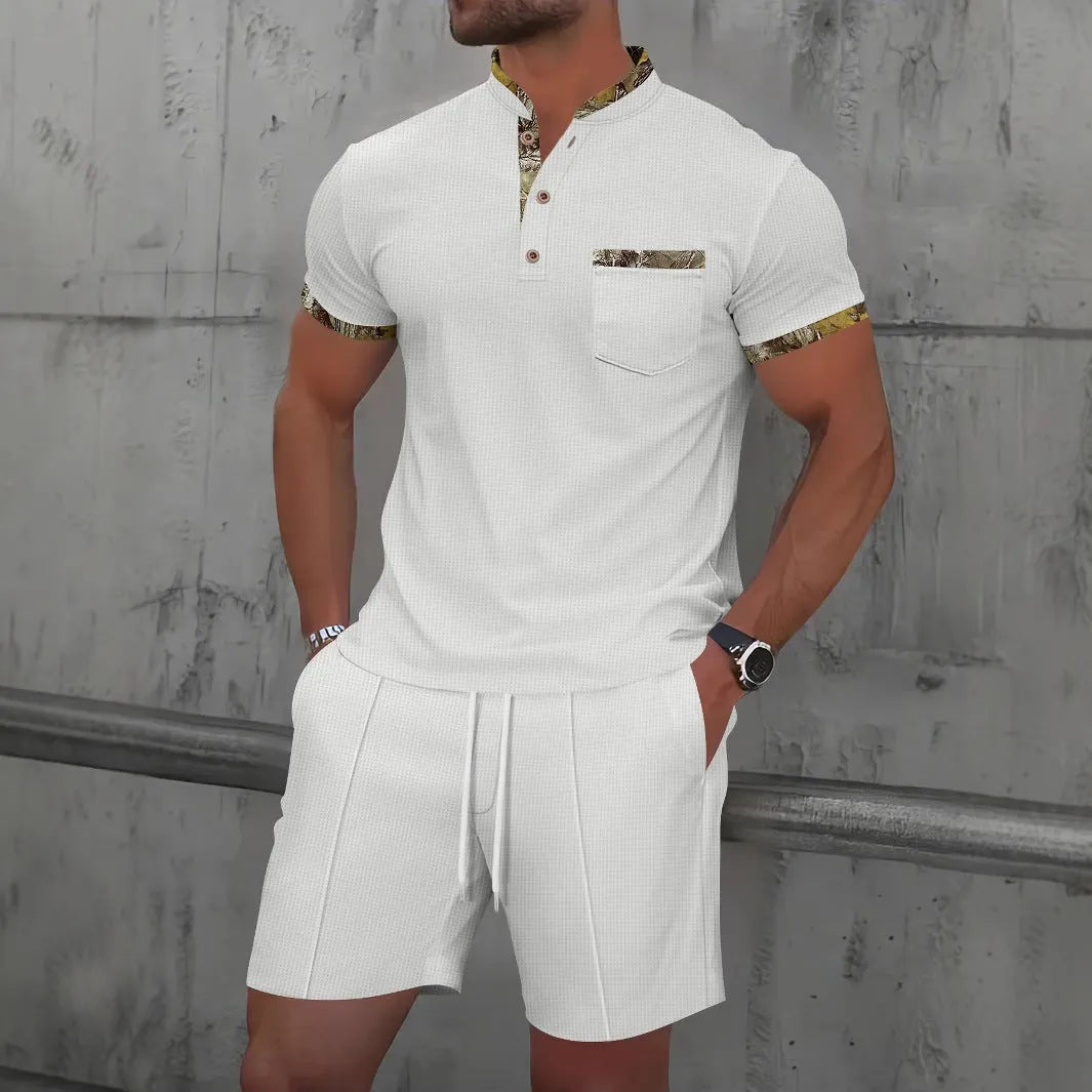 Men's grey waffle texture two-piece summer suit with zipper polo collar short sleeve top and matching shorts
