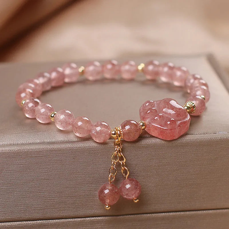 Women's strawberry quartz crystal double layer bracelet with lucky cat charm and red cat's eye flowers decoration