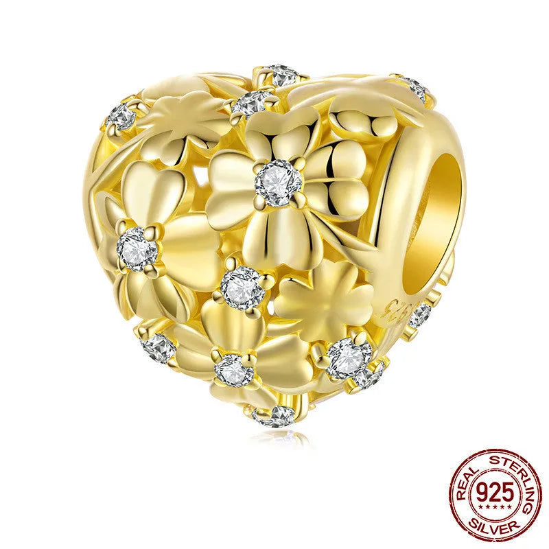 925 silver clover charm bead for bracelet, 1.2cm height and width, 0.45cm aperture, three-petal grass design