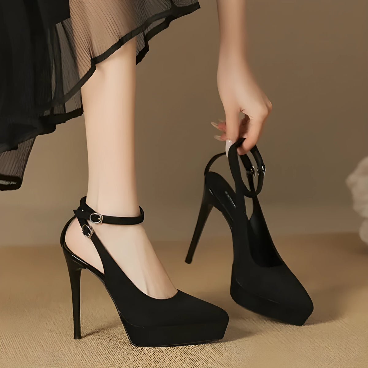 Black waterproof platform stiletto heels with pointed toe, suede or satin finish, 8cm to 12cm heel
