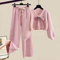Women's bow cardigan sweater and wide-leg pants two-piece set in pink and apricot colours, polyester knit, long sleeve flight sleeve design