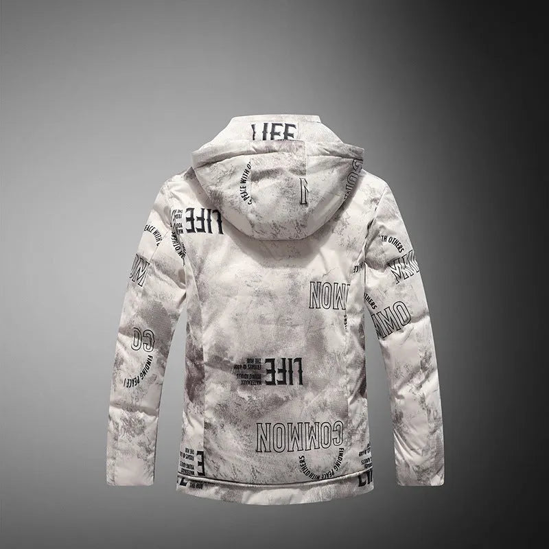 Men winter jacket with velvet pattern in black, blue, and white; thickened cotton casual coat