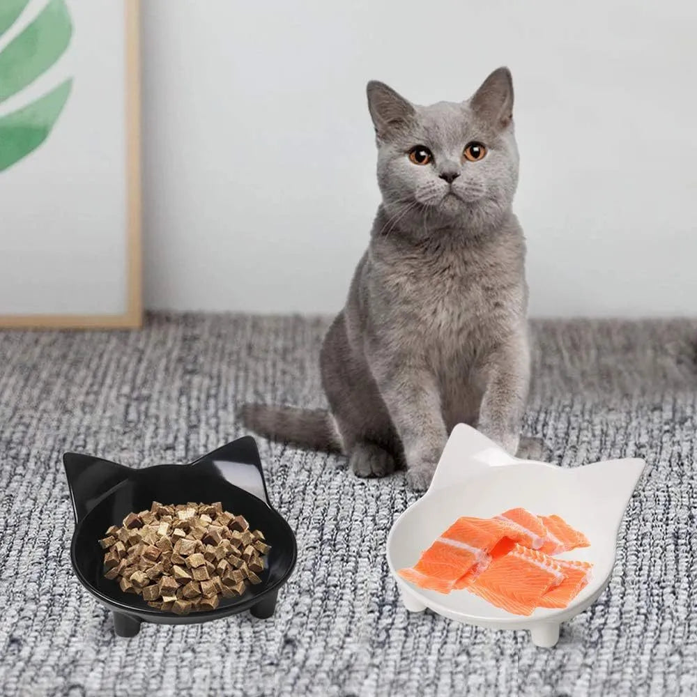 Shallow black melamine cat bowl with non-slip rubber base on a wooden floor.
