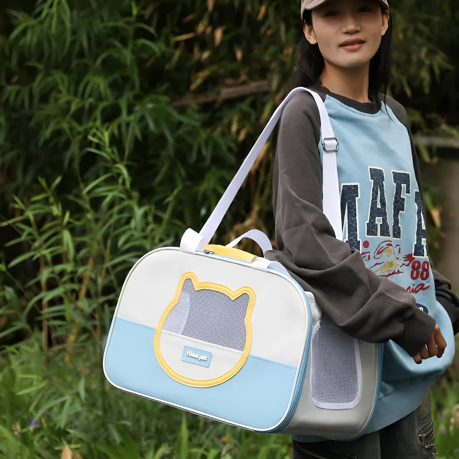 Large capacity foldable cat backpack in Oxford cloth, shown in blue colour variant.