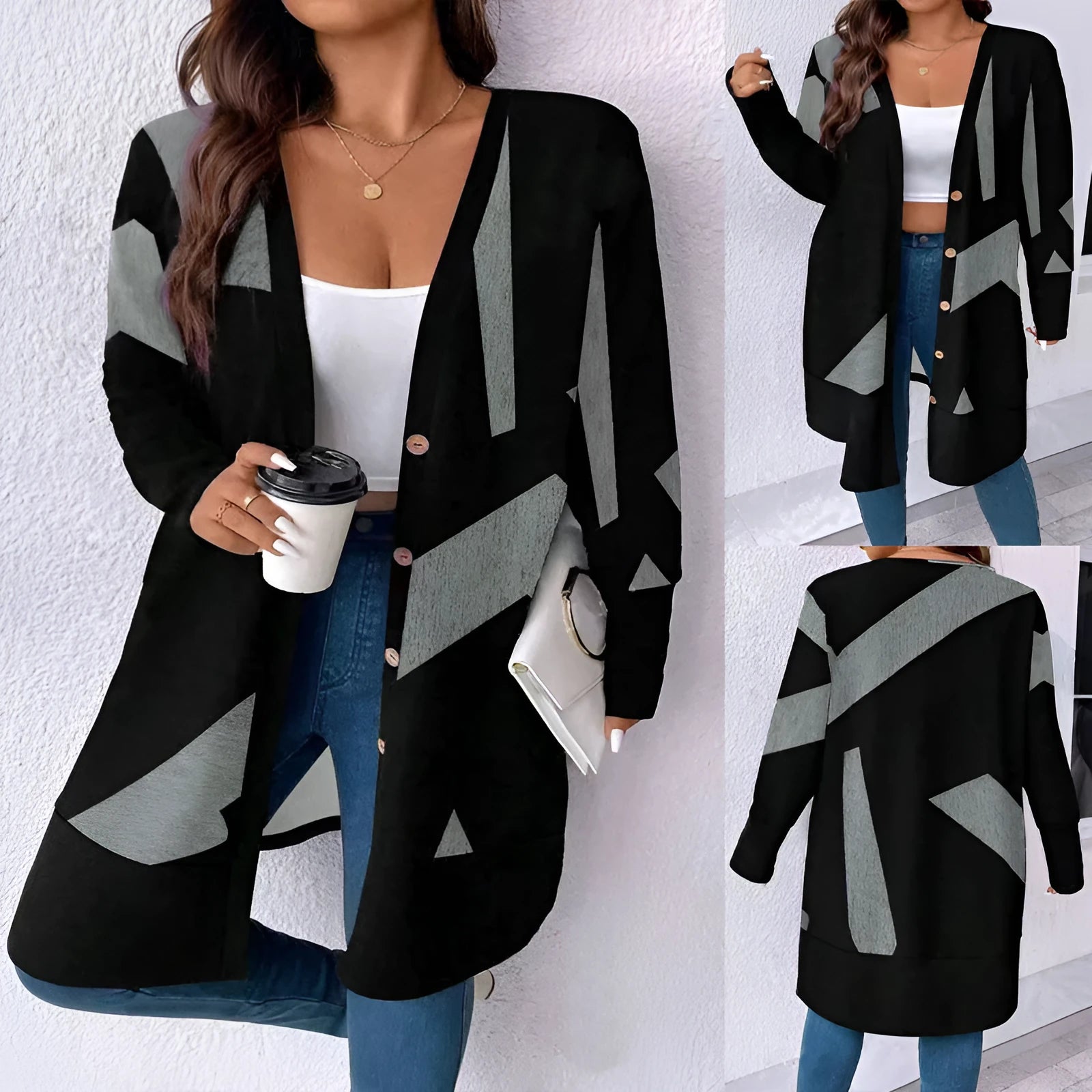Black loose fit plus size knitwear cardigan with button stitching detail