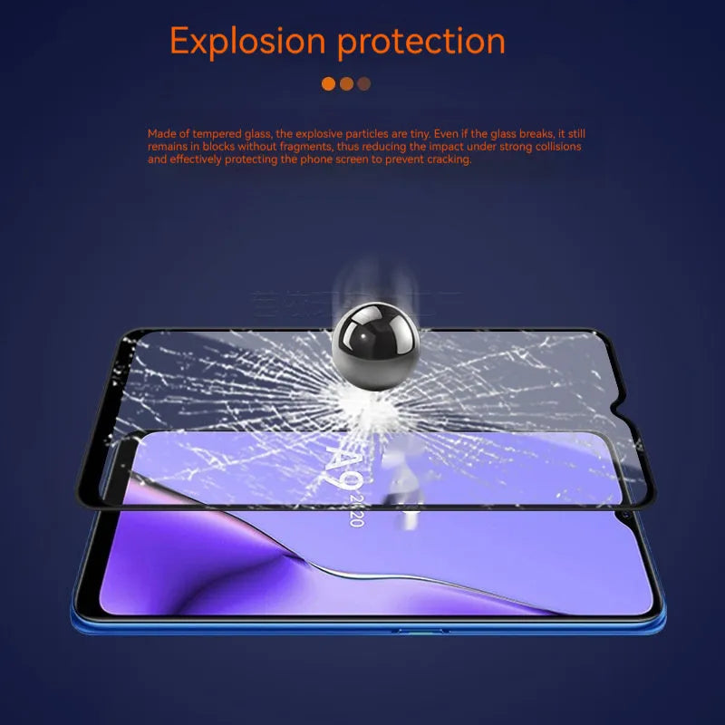OPPO A9 2020 full glue tempered glass screen protector showing black colour and full screen coverage