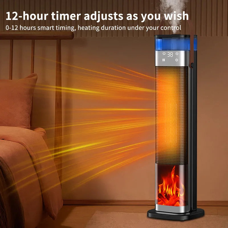 Tall, slim vertical heater with humidification function and a remote control on a wooden floor.