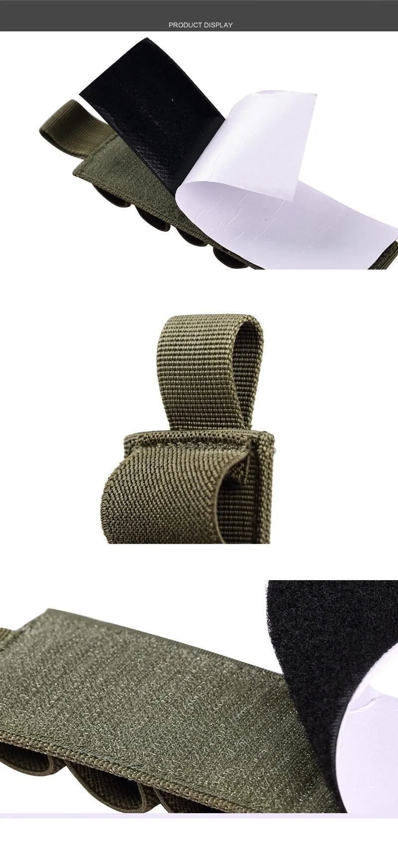 Army green 6-hole tactical nylon organiser pouch showing dimensions and hole layout.