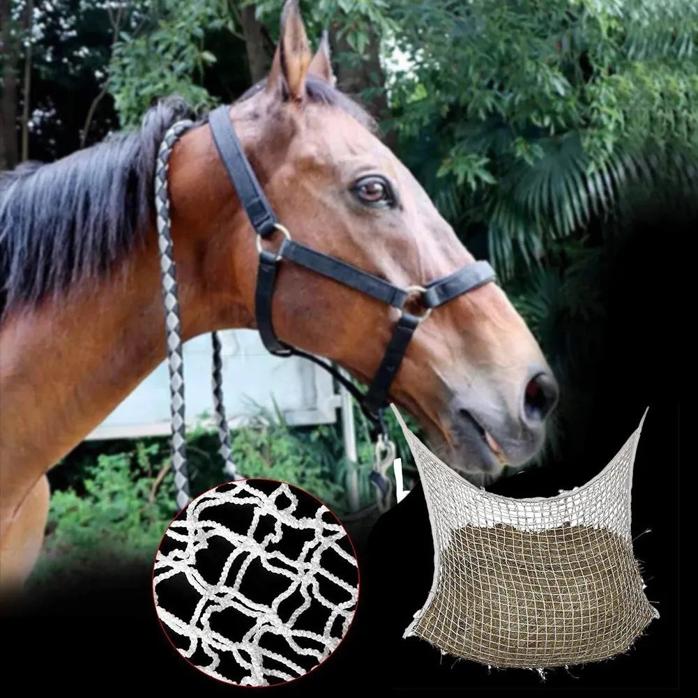 Black woven polyethylene rope hanging hay net for horses, showing the open grid pattern.