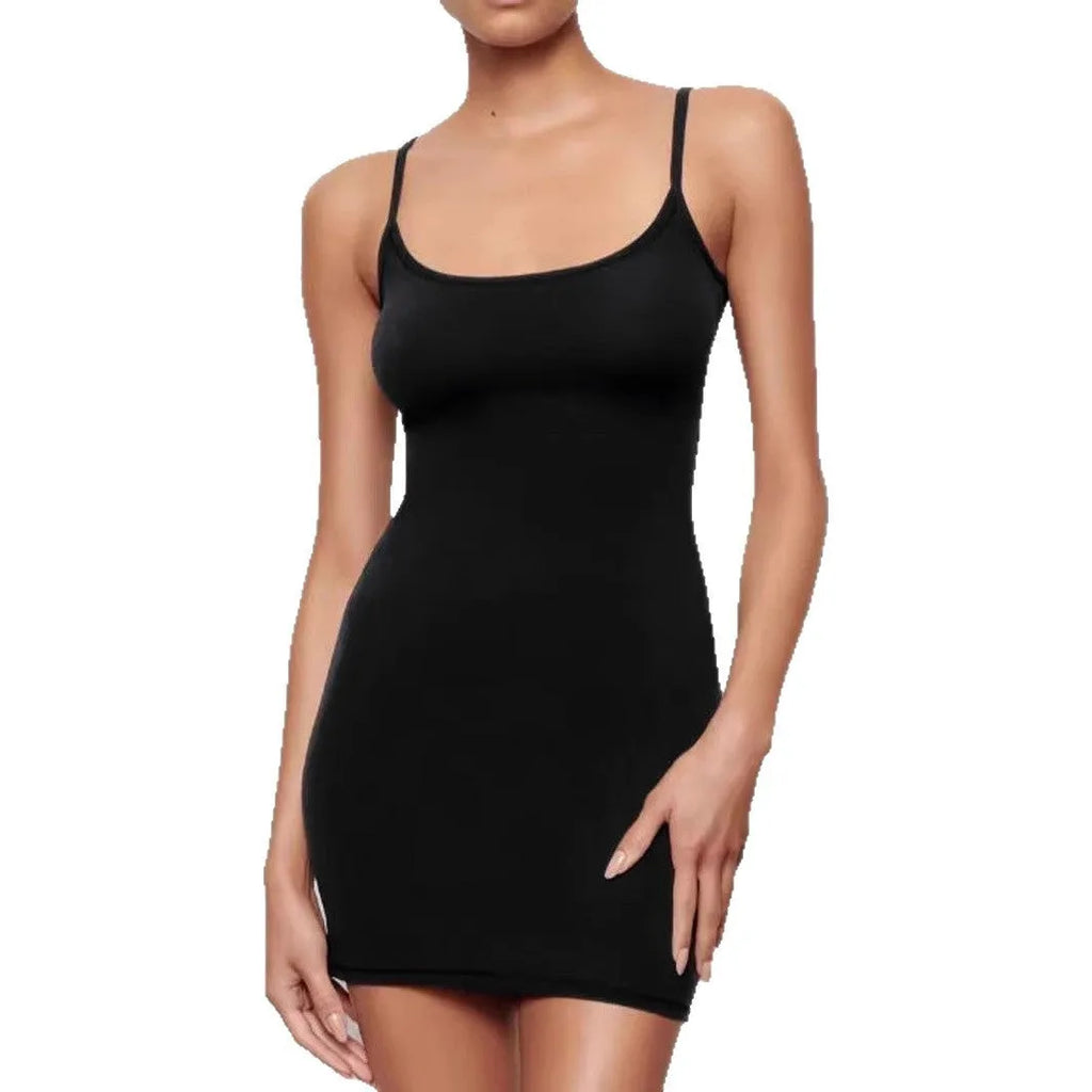 Black polyester sling dress with sleeveless sheath silhouette and mid waist styling