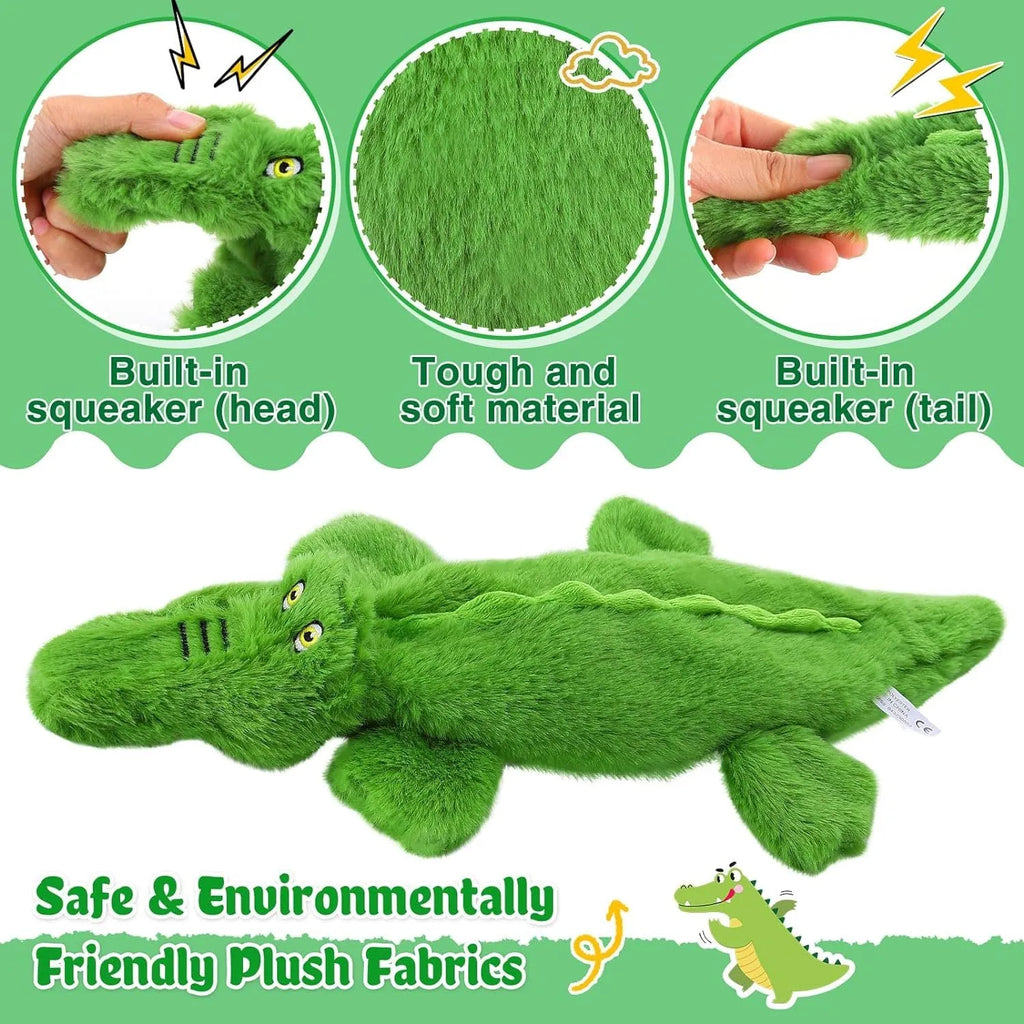 Green crocodile squeaky dog toy with no stuffing for aggressive chewers