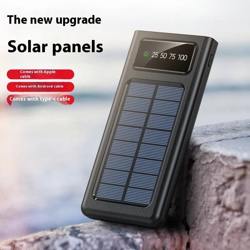 Solar power bank with integrated cable showing 20000mAh capacity and solar panel in black plastic case