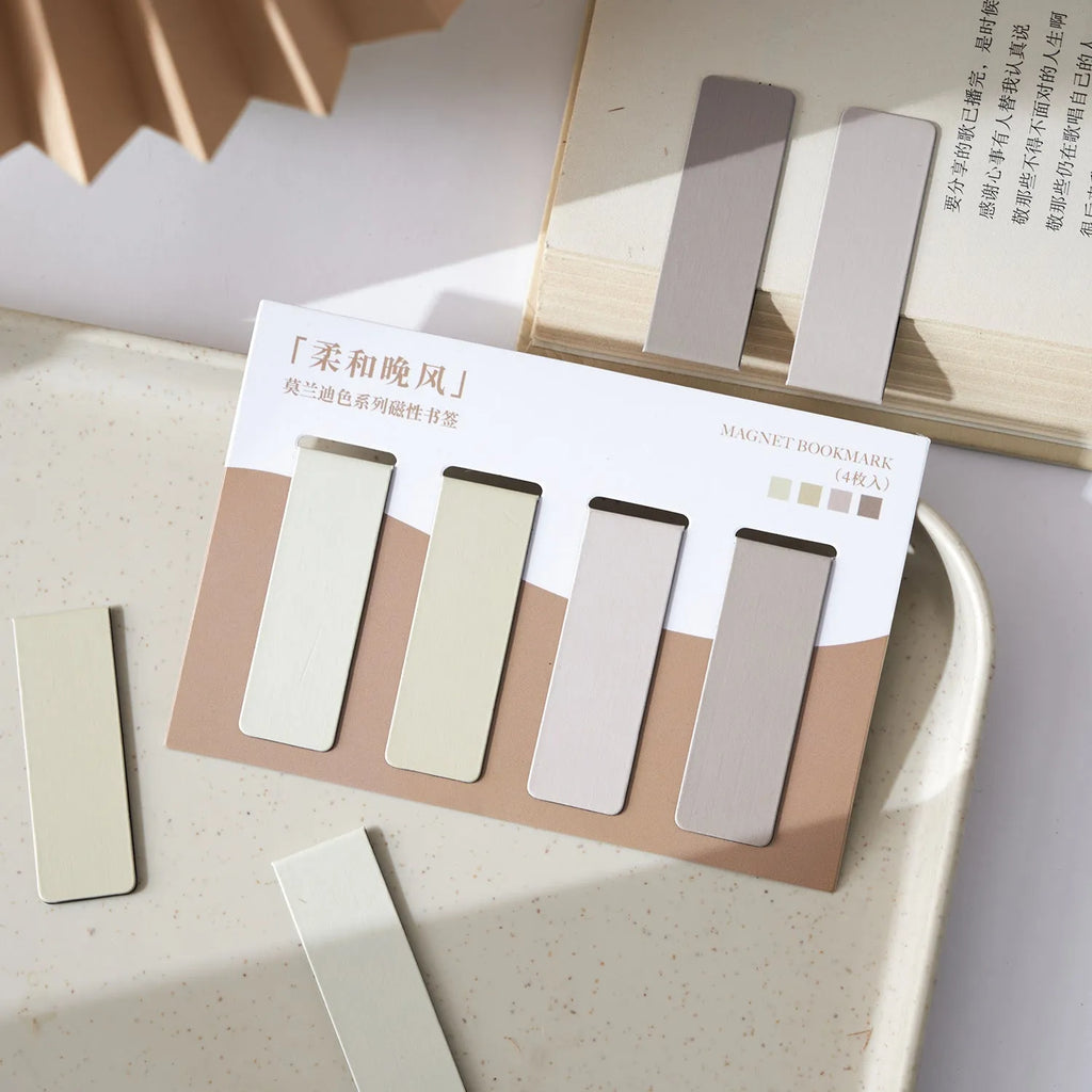 Set of four Morandi colour block magnetic bookmarks showing different muted tone designs.