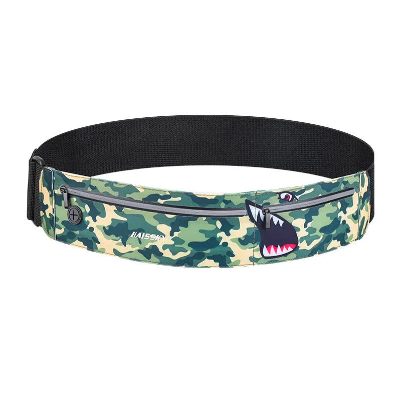 8-inch waterproof waist bag in camouflage crocodile pattern, made from chinlon Lycra for outdoor sports.